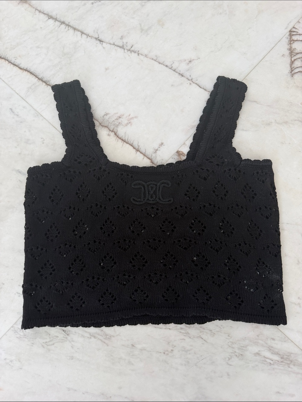 Black Knit Cropped Tank Top with Embroidered Logo